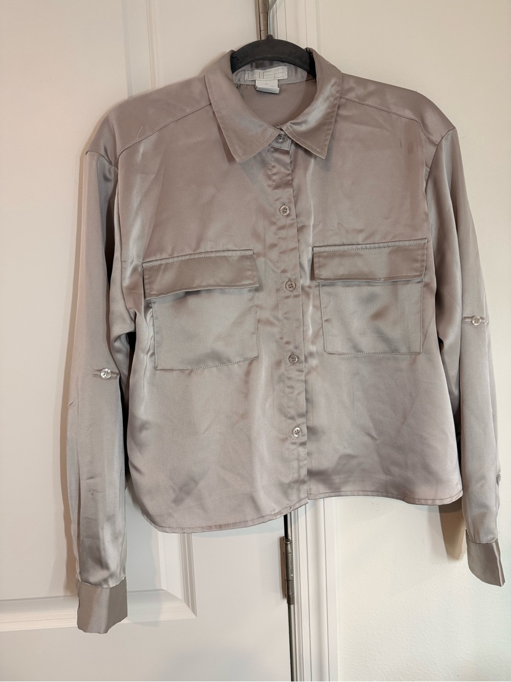Silky Button-Front Utility Shirt Jacket - Light Gray